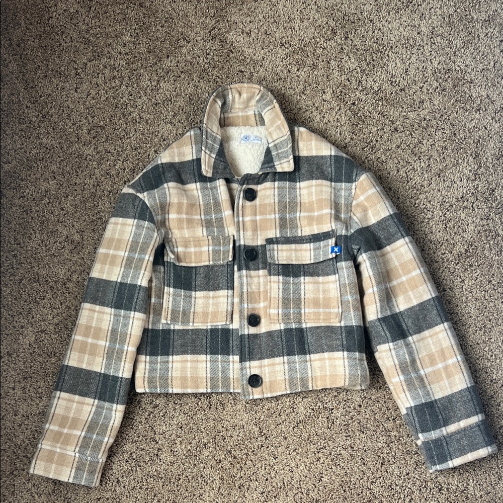 Hurley Beige and Gray Plaid Sherpa-Lined Jacket in Size Small